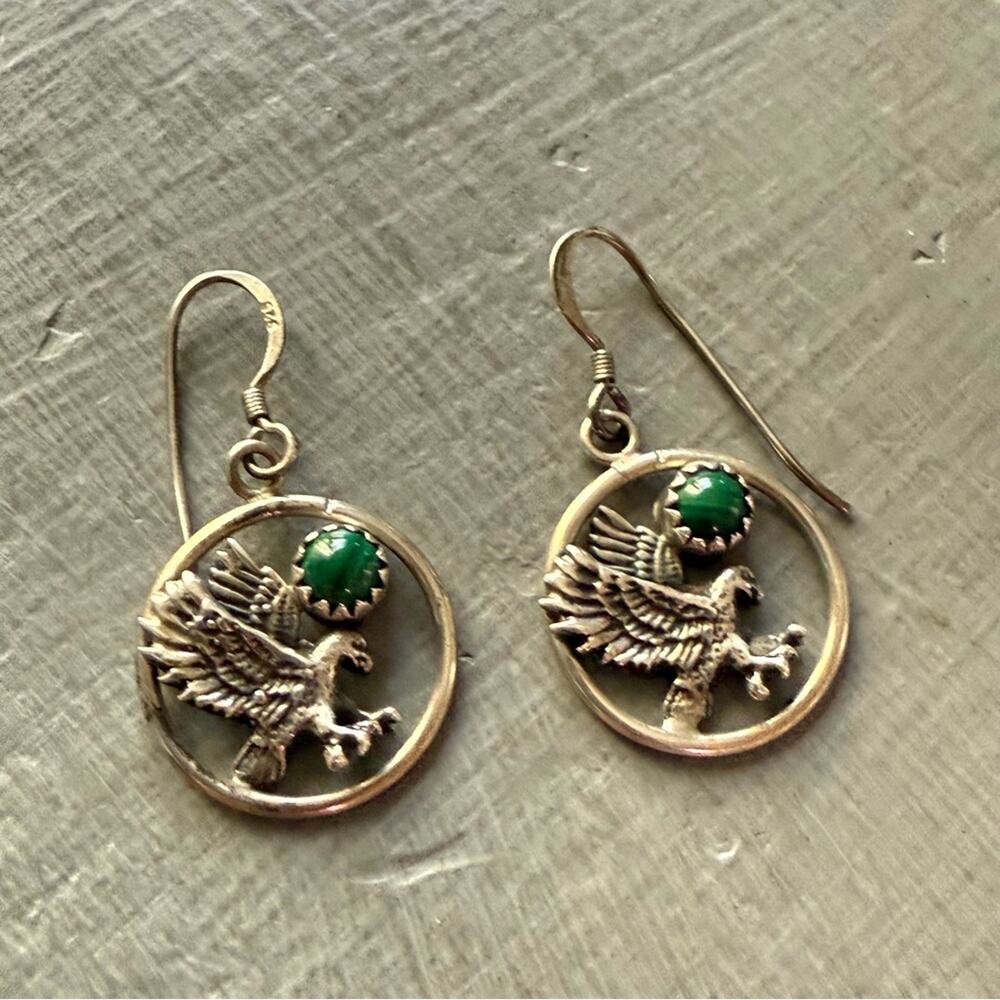 925 Sterling Silver Malachite Eagle Earrings - Picture 6 of 7